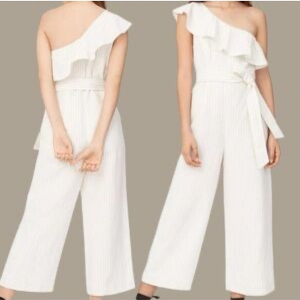 Club Monaco SZ 00 White Pinstriped‎ ruffled and belted Sophisticated Jumpsuit